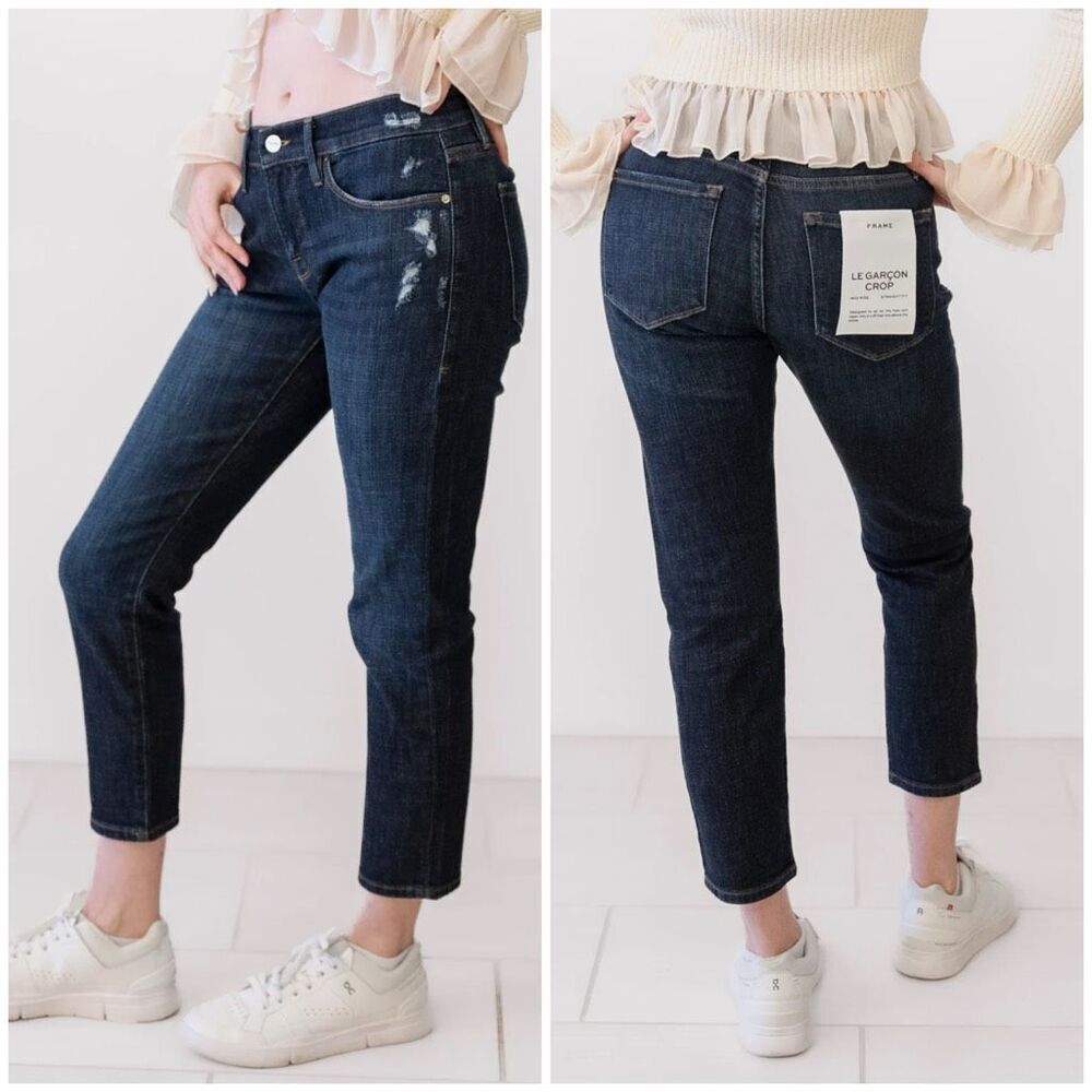 Frame Le Garçon Crop in Covant Dark Wash Distressed Ankle Cropped Jeans Size 26